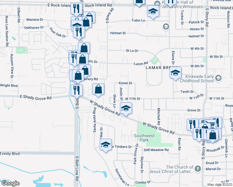 map of restaurants, bars, coffee shops, grocery stores, and more near 941 Joslin Street in Irving