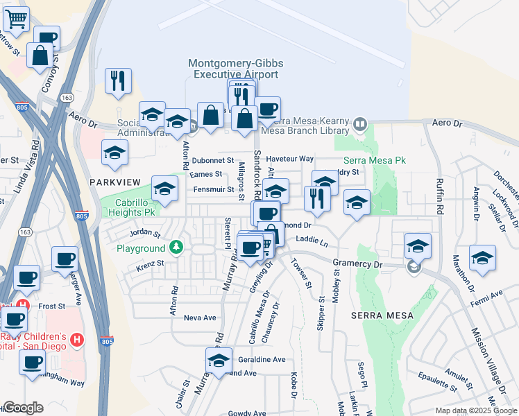 map of restaurants, bars, coffee shops, grocery stores, and more near 3443 Sandrock Road in San Diego