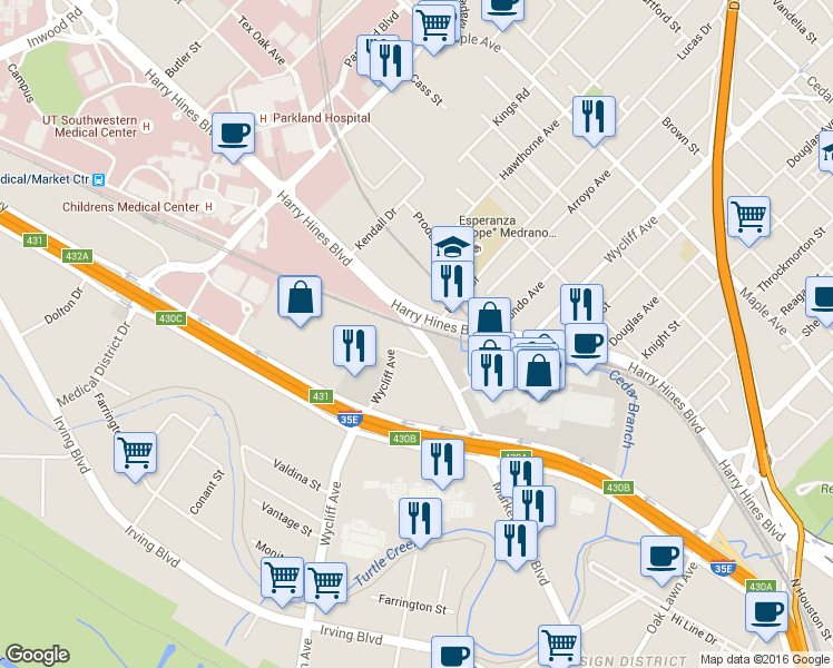 map of restaurants, bars, coffee shops, grocery stores, and more near 3253 Market Center Boulevard in Dallas