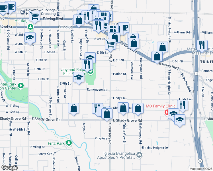 map of restaurants, bars, coffee shops, grocery stores, and more near in Irving