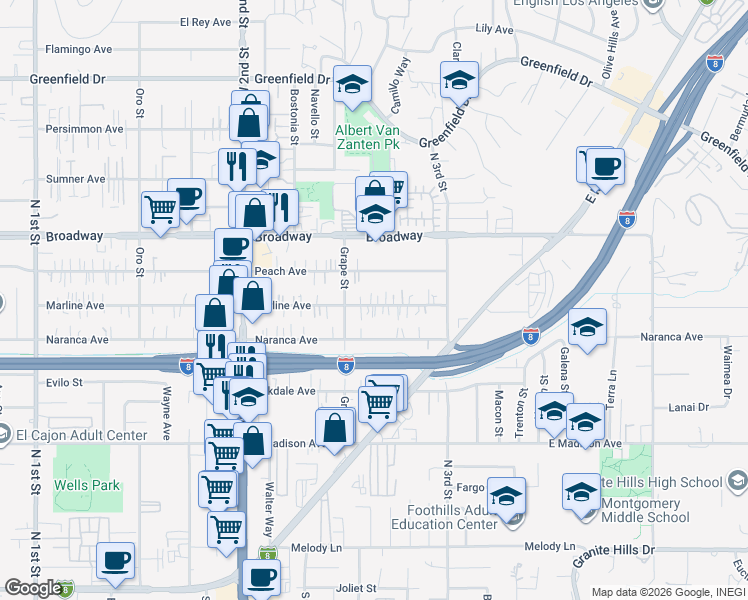map of restaurants, bars, coffee shops, grocery stores, and more near 1435 Marline Avenue in El Cajon
