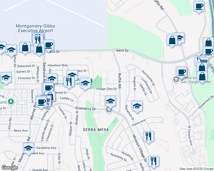map of restaurants, bars, coffee shops, grocery stores, and more near 3453 Castle Glen Drive in San Diego