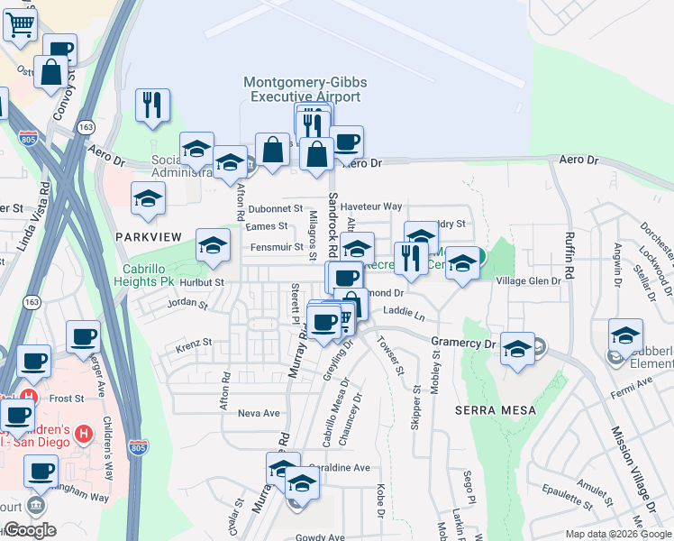 map of restaurants, bars, coffee shops, grocery stores, and more near 3411 Sandrock Road in San Diego
