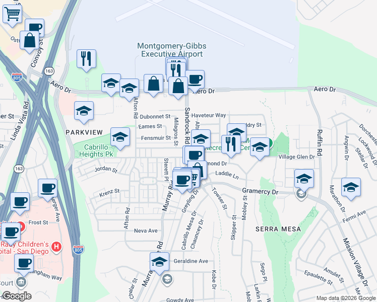 map of restaurants, bars, coffee shops, grocery stores, and more near 3411 Sandrock Road in San Diego