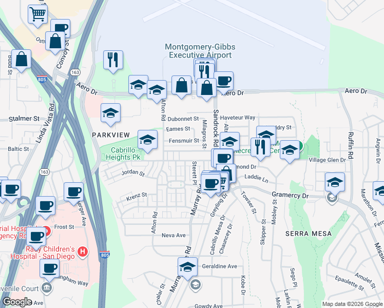 map of restaurants, bars, coffee shops, grocery stores, and more near 8616 Hurlbut Street in San Diego