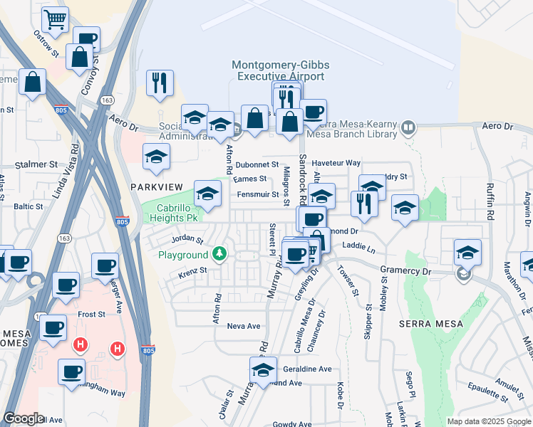 map of restaurants, bars, coffee shops, grocery stores, and more near 8616 Hurlbut Street in San Diego