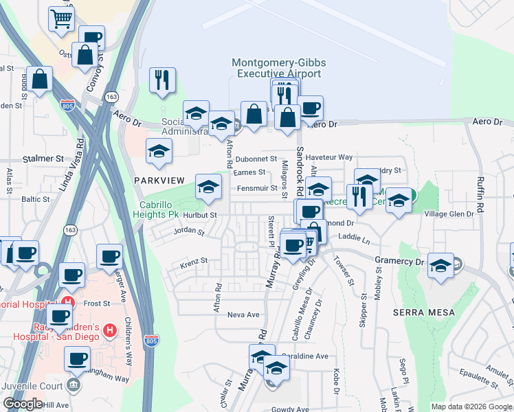 map of restaurants, bars, coffee shops, grocery stores, and more near 8616 Hurlbut Street in San Diego