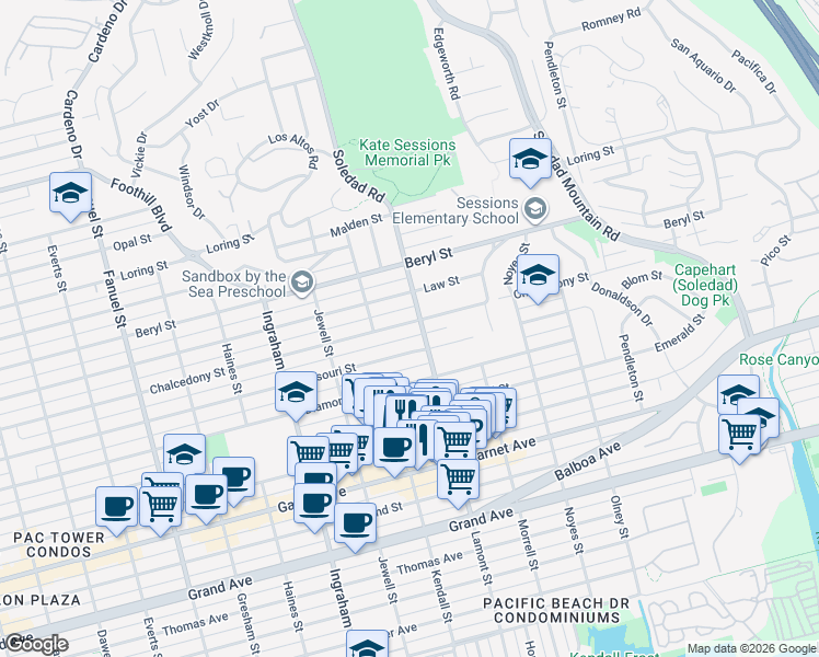 map of restaurants, bars, coffee shops, grocery stores, and more near in San Diego