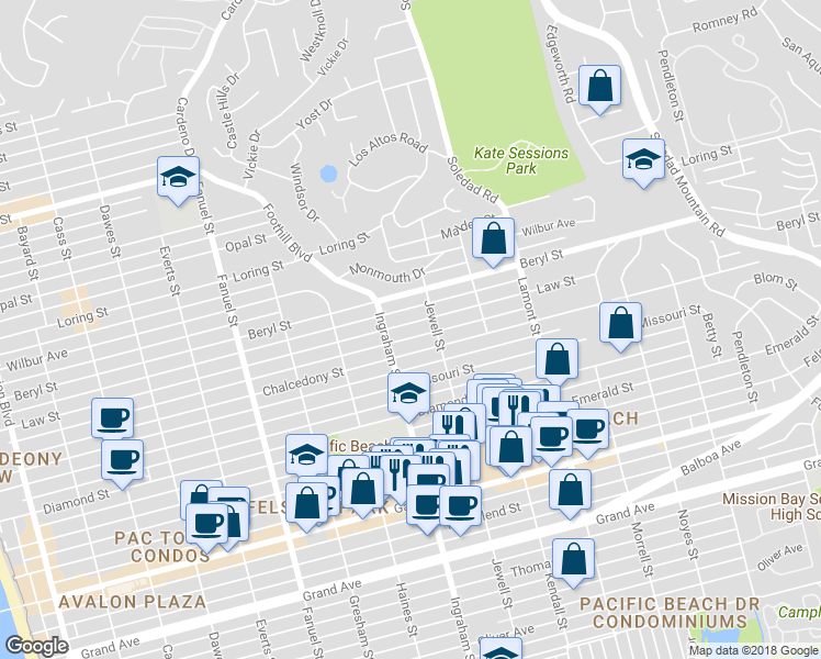 map of restaurants, bars, coffee shops, grocery stores, and more near 1636 Chalcedony Street in San Diego