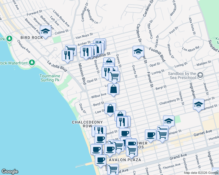 map of restaurants, bars, coffee shops, grocery stores, and more near 950 Wilbur Avenue in San Diego