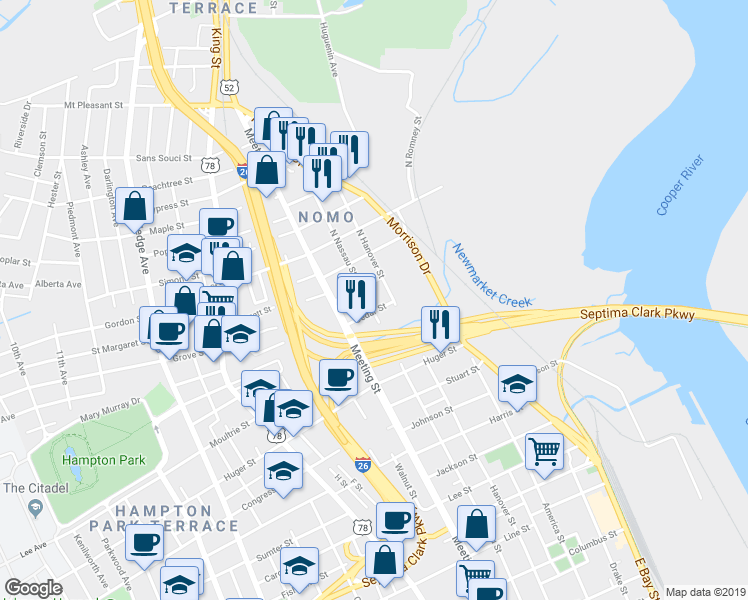 map of restaurants, bars, coffee shops, grocery stores, and more near 11 Cedar Street in Charleston