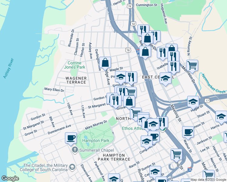 map of restaurants, bars, coffee shops, grocery stores, and more near 6 Paige Court in Charleston