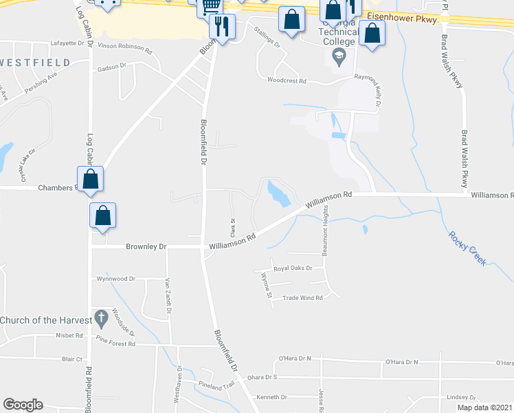 map of restaurants, bars, coffee shops, grocery stores, and more near 3465 Williamson Road in Macon