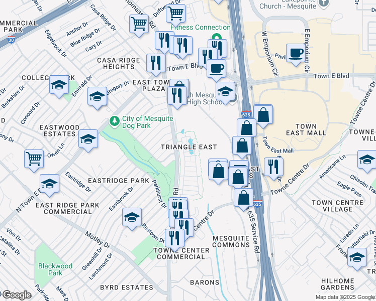 map of restaurants, bars, coffee shops, grocery stores, and more near 2200 John Glenn Parkway in Mesquite