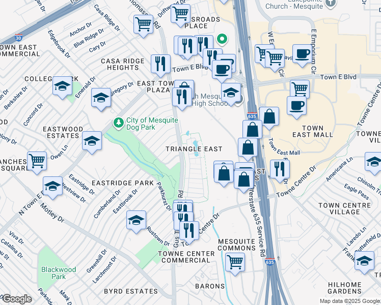 map of restaurants, bars, coffee shops, grocery stores, and more near 2200 John Glenn Parkway in Mesquite