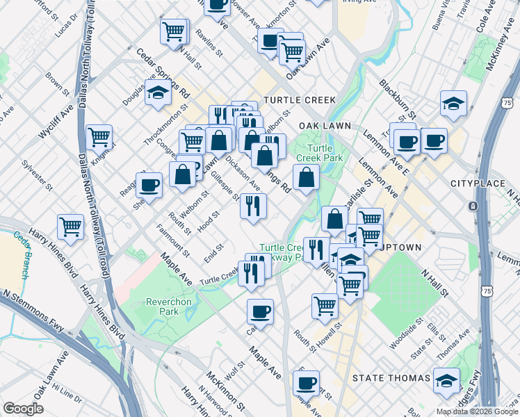 map of restaurants, bars, coffee shops, grocery stores, and more near 3424 Gillespie Street in Dallas