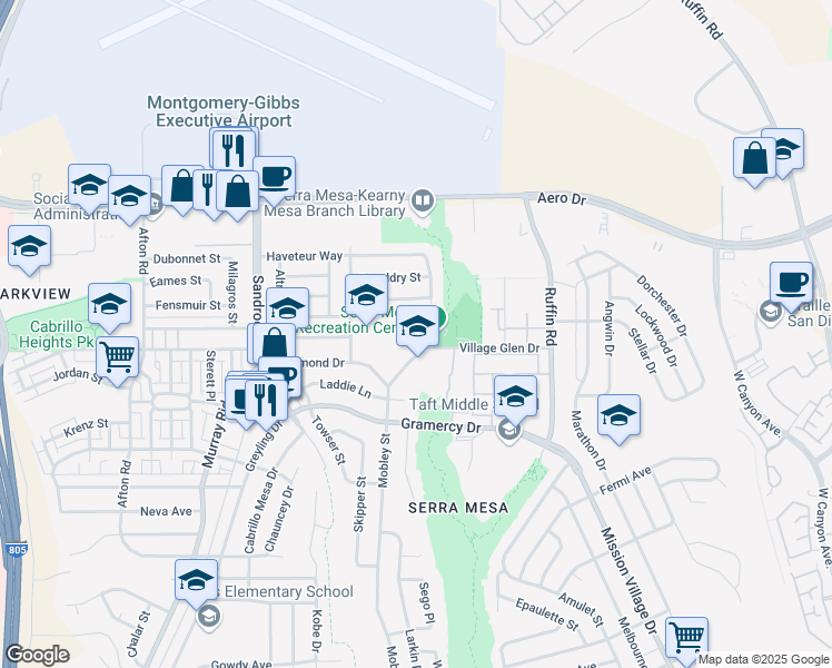 map of restaurants, bars, coffee shops, grocery stores, and more near 3384 Glencolum Drive in San Diego