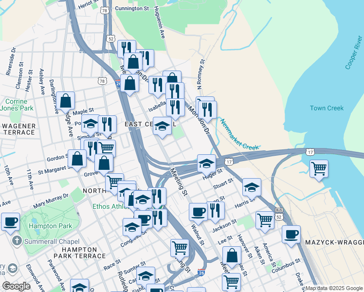map of restaurants, bars, coffee shops, grocery stores, and more near 11 Cedar Street in Charleston