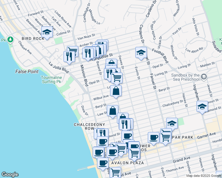 map of restaurants, bars, coffee shops, grocery stores, and more near 950 Wilbur Avenue in San Diego