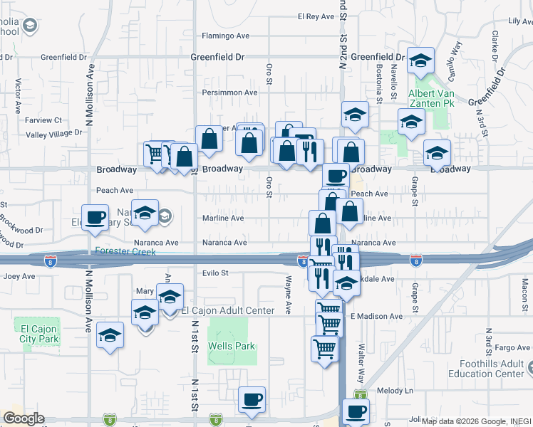 map of restaurants, bars, coffee shops, grocery stores, and more near Marline Avenue in El Cajon
