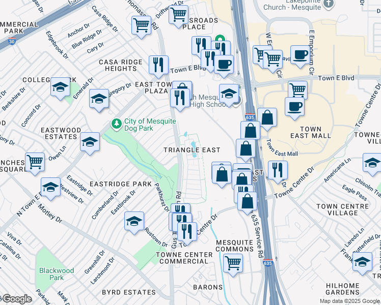 map of restaurants, bars, coffee shops, grocery stores, and more near 2200 John Glenn Parkway in Mesquite