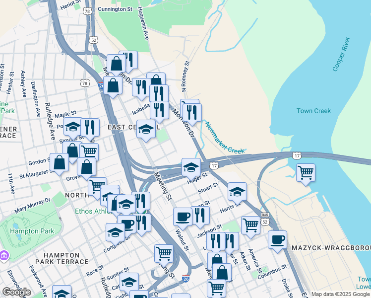 map of restaurants, bars, coffee shops, grocery stores, and more near 975 Morrison Drive in Charleston
