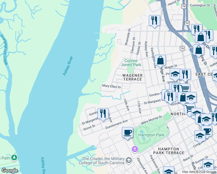 map of restaurants, bars, coffee shops, grocery stores, and more near 171 Mary Ellen Drive in Charleston