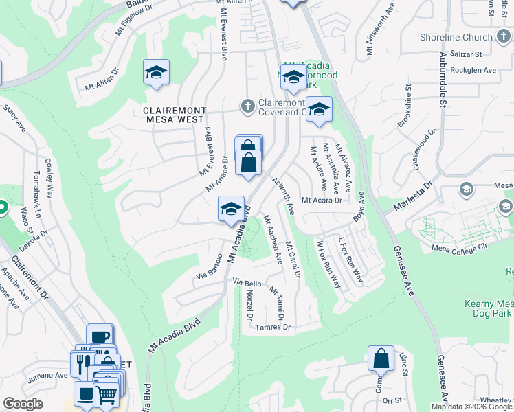 map of restaurants, bars, coffee shops, grocery stores, and more near 3526 Mount Abbey Avenue in San Diego