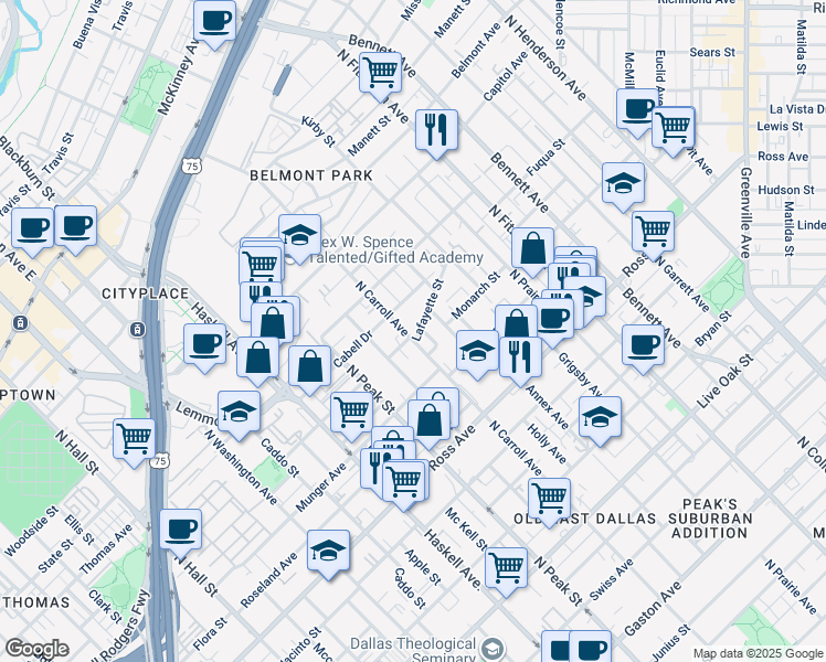 map of restaurants, bars, coffee shops, grocery stores, and more near 4515 Lafayette Street in Dallas