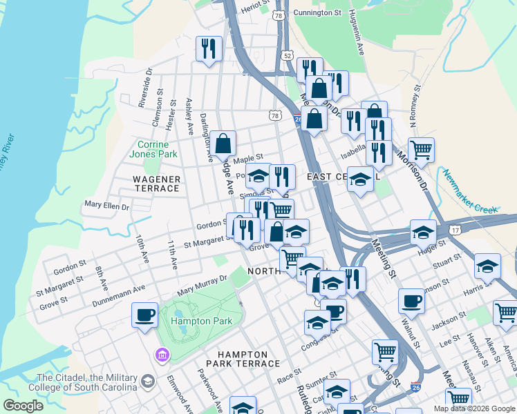 map of restaurants, bars, coffee shops, grocery stores, and more near 6 Paige Court in Charleston