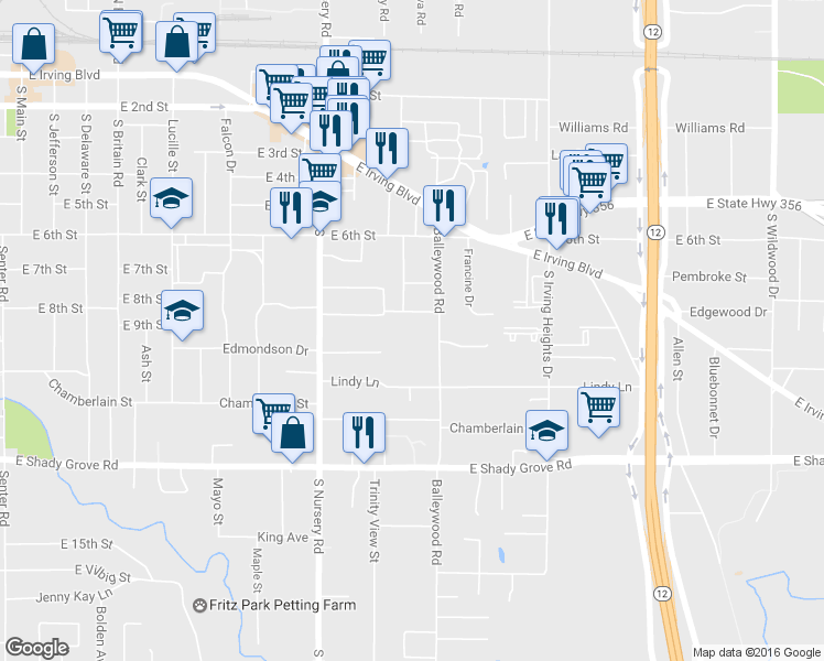 map of restaurants, bars, coffee shops, grocery stores, and more near 821 Balleywood Road in Irving