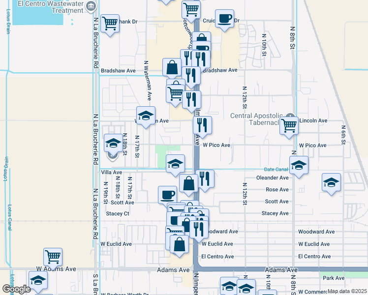 map of restaurants, bars, coffee shops, grocery stores, and more near 1334 Frontage Road in El Centro