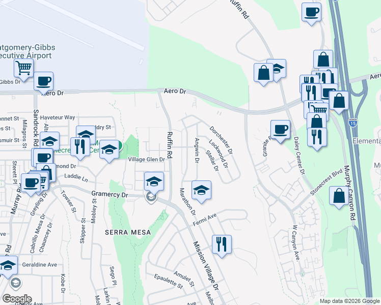 map of restaurants, bars, coffee shops, grocery stores, and more near 3456 Marathon Drive in San Diego