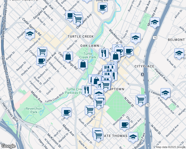 map of restaurants, bars, coffee shops, grocery stores, and more near 3255 Carlisle Street in Dallas