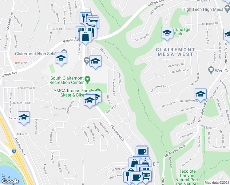 map of restaurants, bars, coffee shops, grocery stores, and more near 3561 Tomahawk Lane in San Diego