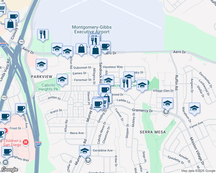 map of restaurants, bars, coffee shops, grocery stores, and more near 3411 Sandrock Road in San Diego