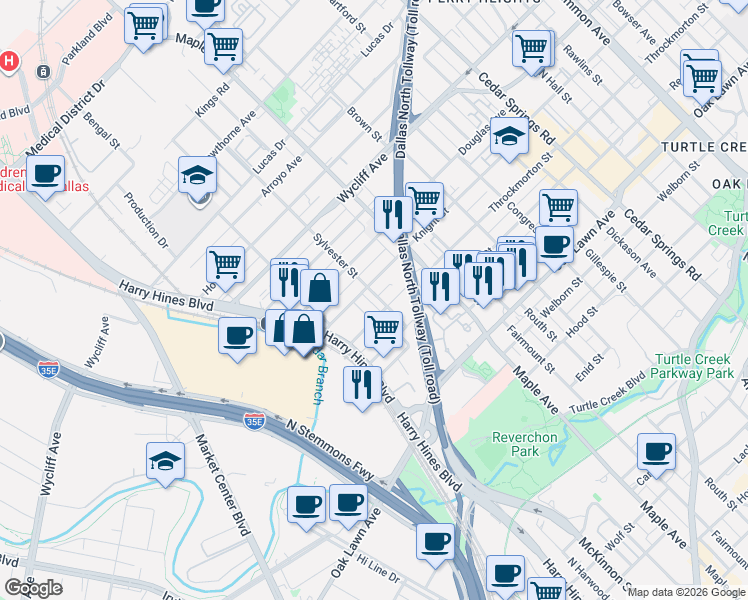 map of restaurants, bars, coffee shops, grocery stores, and more near 4107 Entrada Way in Dallas