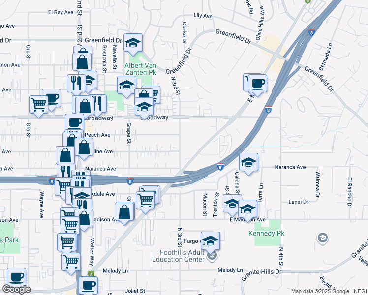 map of restaurants, bars, coffee shops, grocery stores, and more near 1538 East Main Street in El Cajon