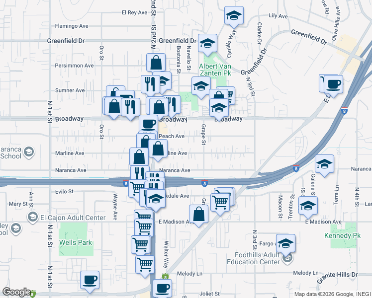 map of restaurants, bars, coffee shops, grocery stores, and more near 1363 Marline Avenue in El Cajon