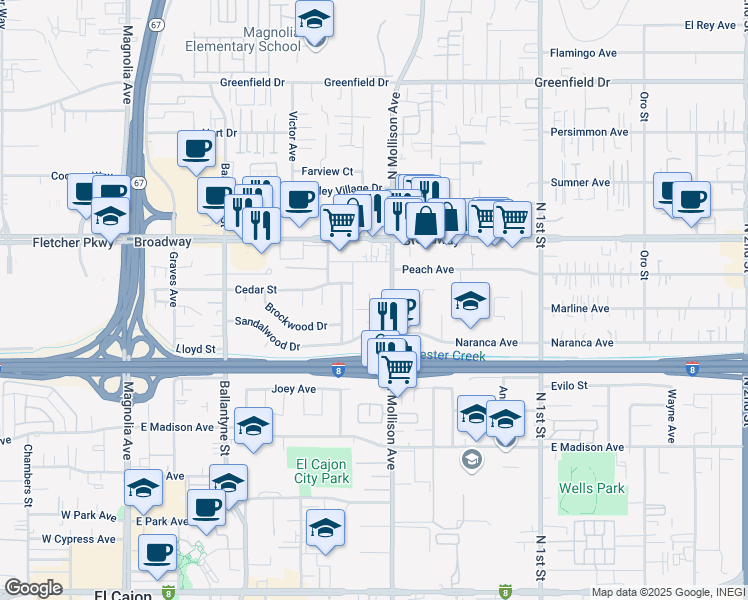 map of restaurants, bars, coffee shops, grocery stores, and more near 748 North Mollison Avenue in El Cajon