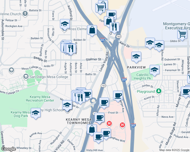 map of restaurants, bars, coffee shops, grocery stores, and more near 7814 Linda Vista (Frontage) Road in San Diego