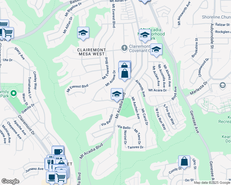 map of restaurants, bars, coffee shops, grocery stores, and more near 5451 Mount Burnham Drive in San Diego