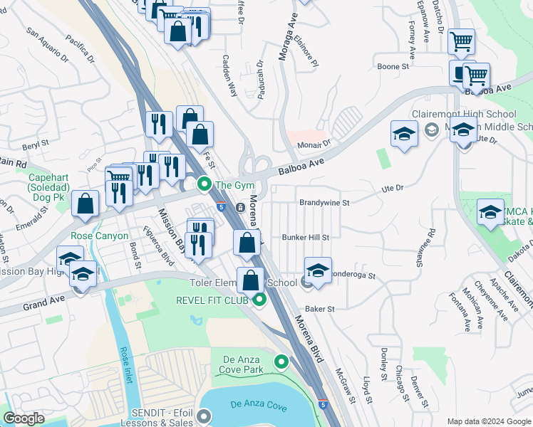 map of restaurants, bars, coffee shops, grocery stores, and more near 3636 Paul Jones Avenue in San Diego