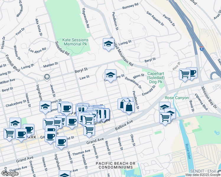 map of restaurants, bars, coffee shops, grocery stores, and more near 2104 Diamond Street in San Diego