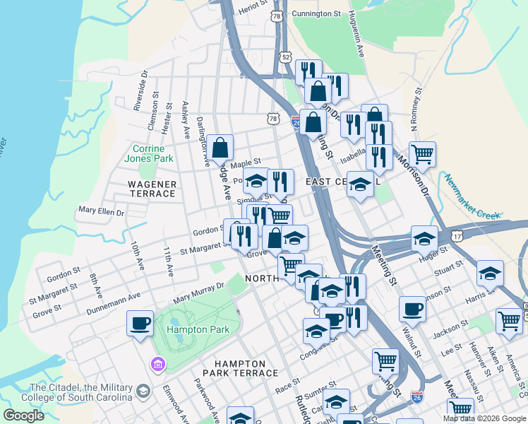 map of restaurants, bars, coffee shops, grocery stores, and more near 1061 King Street in Charleston
