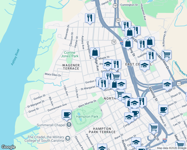 map of restaurants, bars, coffee shops, grocery stores, and more near 2 Gordon Street in Charleston