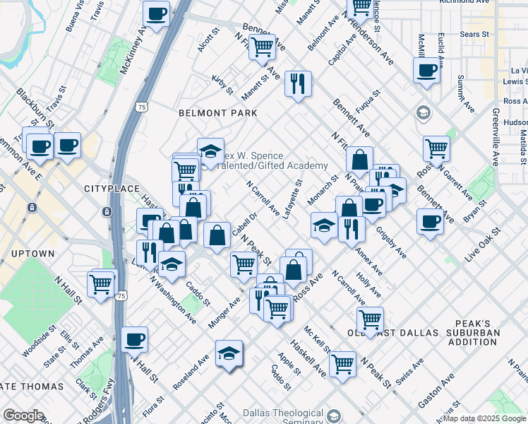 map of restaurants, bars, coffee shops, grocery stores, and more near 4402 Cabell Drive in Dallas