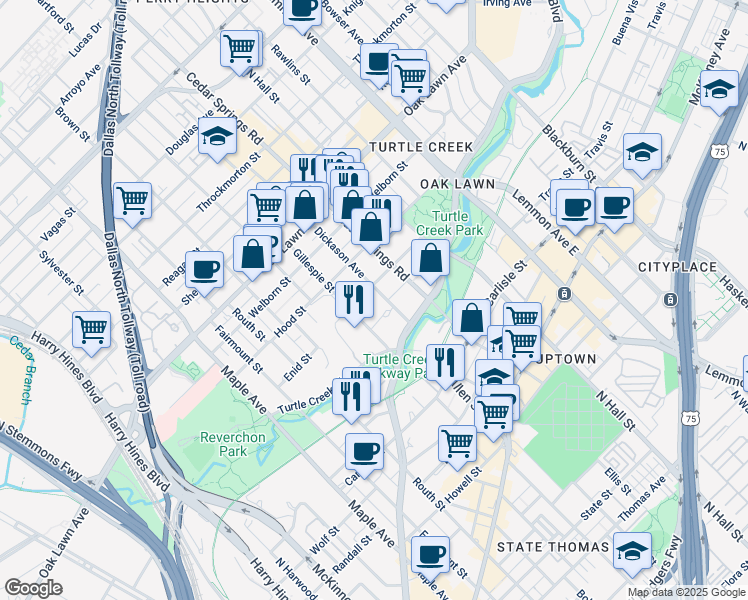 map of restaurants, bars, coffee shops, grocery stores, and more near 3424 Gillespie Street in Dallas