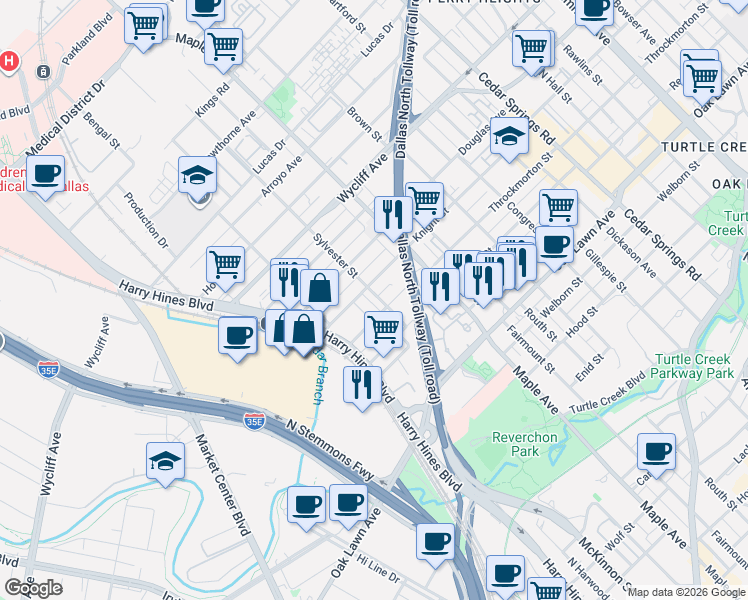 map of restaurants, bars, coffee shops, grocery stores, and more near 4107 Entrada Way in Dallas