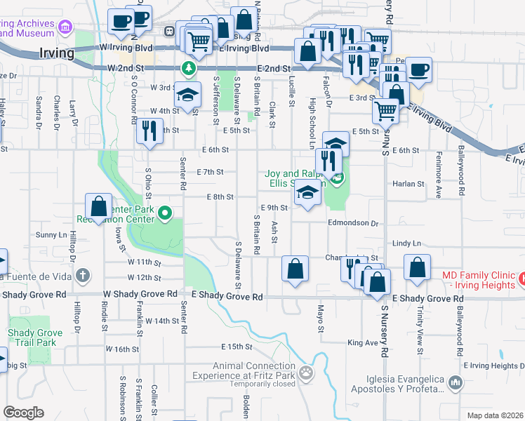 map of restaurants, bars, coffee shops, grocery stores, and more near 914 South Britain Road in Irving
